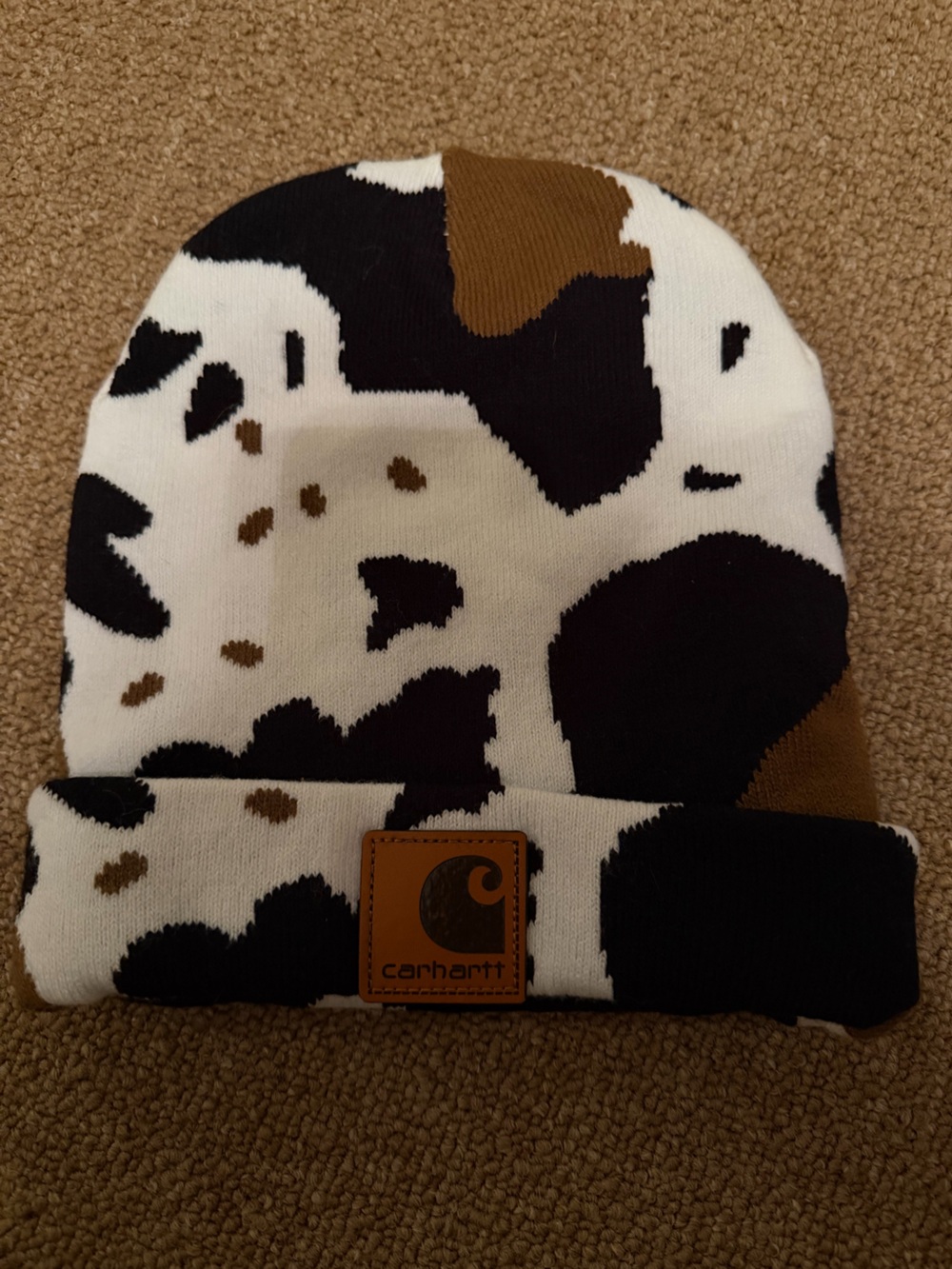 Carhartt Cow-Print Knit Beanie - White, Black & Brown